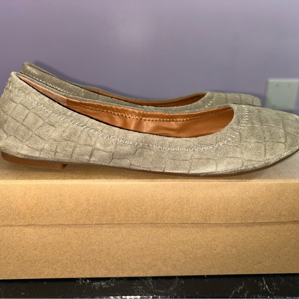 Lucky Brand Croc-Embossed Suede Square-Toe Flats in Light Olive Green